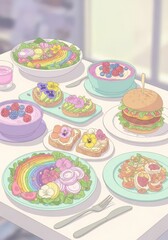 An artistic food illustration in pastel tones, showcasing creative vegan dishes in a cozy setup