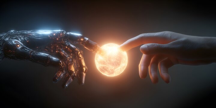 Futuristic concept illustrates a meeting between a human hand and a robotic hand, both reaching out to touch a glowing sphere of light against a dark background, symbolizing connection.