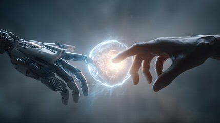 Symbolic representation shows the meeting of a human and a mechanical hand reaching towards a bright energy sphere, suggesting connection and future, all against a blurred, dark background.
