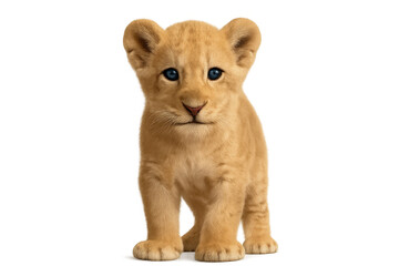 Obraz premium Lion cub with striking blue eyes standing on a transparent background, depicting a young african wilderness animal