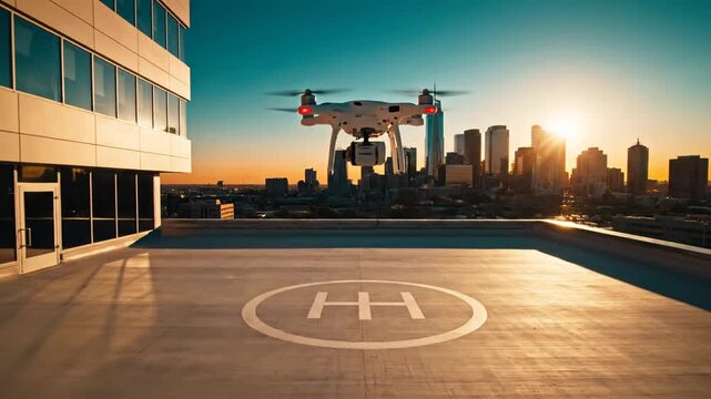 A Modern Urban Rooftop Helicopter Landing Pad with a Droning Quadcopters Flying Over City Skyline at Sunset for Aerial Logistics and Advanced Drone Technology Concept