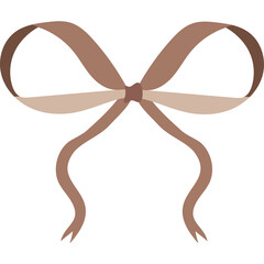 A single brown satin bow tie ribbon decoration with two loops and two flowing tails isolated on a transparent background