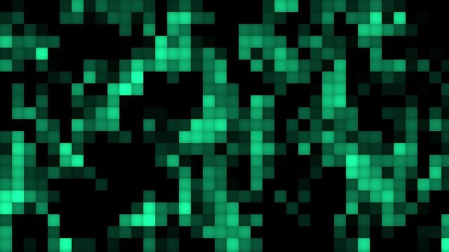 Abstract Digital Glitch Background Featuring Glowing Green Blocks and Futuristic Computer Graphics, Hi Tech Matrix Effect Animation Loop for Modern Technology, Data Flow, and Cyber Visual Design Pro V