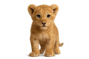 Lion cub standing on a transparent background, looking directly forward. Concept of baby animal, wilderness, and new beginnings