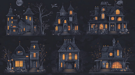 A dark illustration of six spooky haunted houses at nighttime