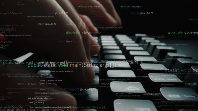 Dynamic close-up image capturing hands typing on a keyboard, surrounded by coding syntax, representing the essence of programming and software development tasks. Xenic