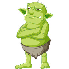 Grumpy Green Cartoon Troll Character Standing With Arms Crossed On A Transparent Background