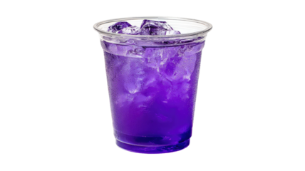 Purple drink in plastic cup showing refreshing beverage with bright color liquid and transparent disposable container detail isolated on white background