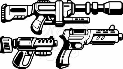 Futuristic weapons set for sci-fi game design, sleek blaster pistols and rifles for action adventures