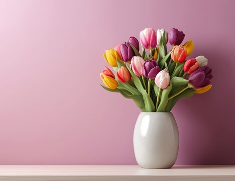 Colorful tulips in white vase on wooden table flowers