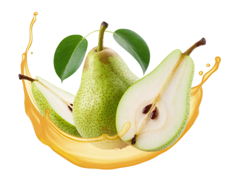 Fresh green pear with juice splash isolated on transparent background, healthy fruit