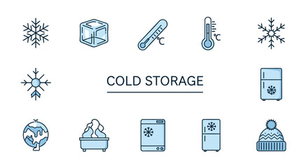 Collection of minimalistic cold storage icons and pictograms, including snowflakes, ice cubes, thermometers, refrigerators, a melting globe, and a winter hat, presented on a white background for web