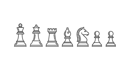 Collection of Outline Chess Icons: King, Queen, Rook, Bishop, Knight, and Pawns. Editable stroke vector illustration, perfect for infographics, articles, books, flyers, and banners, presented on a