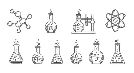 Modern line icon set representing chemistry and science, featuring a chemical compound, laboratory flasks with bubbles, an atom model, and various beakers, perfect for design, websites, apps, and