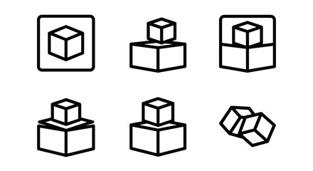Set of six cube icons in outline style, presented in various arrangements including single cubes within frames, stacked cubes, and scattered cubes, ideal for graphic design, web, apps, and