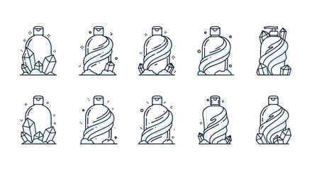 Collection of stylized outline icons depicting bottles of conditioner or lotion, some adorned with swirling ice or snow effects and surrounded by crystalline ice formations, representing natural