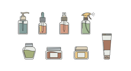Collection of cosmetic bottles and containers, including pump dispensers, droppers, spray bottles, jars, and tubes, rendered in a clean, modern flat design style with pastel colors, perfect for