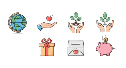Vibrant Flat Icon Set Illustrating Charity, Generosity, and Global Care: Features a Globe, Hand Holding Heart, Hands Nurturing Plant, Gift Box, Envelope with Heart, and Piggy Bank with Coin. Ideal