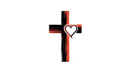 Symbolic Christian Cross with a Heart Overlay, Representing Faith, Love, and Compassion, Rendered with a Textured Brushstroke Effect in Red and Black, Ideal for Religious Themes and Spiritual Graphics