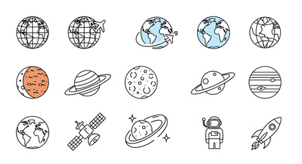 Collection of thin line icons representing celestial bodies and space exploration, including Earth globes with airplanes, various planets like Saturn and Jupiter, the Moon, a satellite, an astronaut