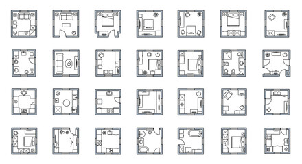 Collection of simple linear floor plan outlines for various rooms, including living rooms, bedrooms, and bathrooms, presented in a cartoon illustration style with editable strokes, suitable for web