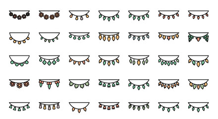 Set of 30 thin line icons representing various garlands, including floral, leaf, and geometric designs, suitable for web, books, cards, and apps. This vector cartoon illustration features an editable