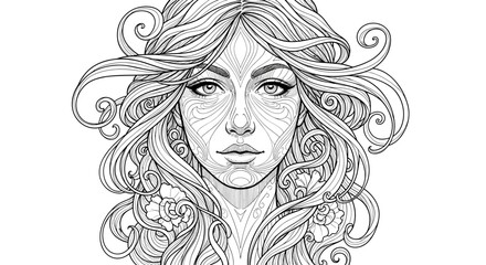Intricate black and white line art illustration of a beautiful woman's face, adorned with swirling, flowing hair and delicate floral elements, perfect for adult coloring pages and artistic designs.