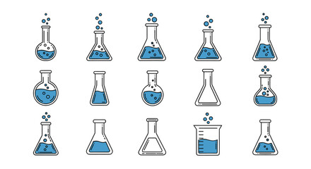 Collection of fifteen flat line icons representing various laboratory flasks and beakers filled with blue liquid and bubbles, isolated on a white background. This versatile vector graphic pack is
