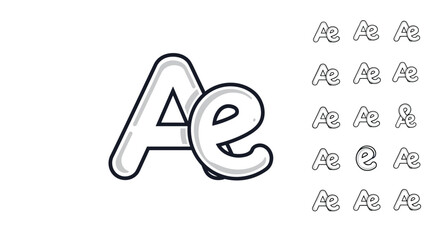 Vector cartoon illustration of the letter A and E monogram logo design, presented as an ordered set of line icons on a clean white background, showcasing a playful and modern aesthetic suitable for