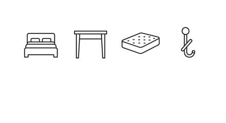A minimalist line art vector icon set featuring essential bedroom and home furnishings, including a comfortable bed, a functional table, a plush mattress, and a convenient coat hook, perfect for