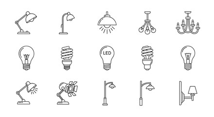 A comprehensive collection of minimalistic linear icons representing various types of lamps, chandeliers, and light bulbs, including desk lamps, floor lamps, pendant lights, traditional incandescent