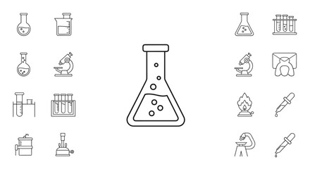 Set of minimalistic line icons representing laboratory equipment and scientific research, including flasks, beakers, test tubes, microscopes, a Bunsen burner, and droppers, perfect for web design