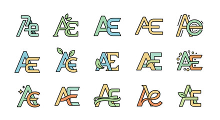 Set of 15 AE monogram logos, letter A and E combined into unique and creative designs, featuring natural elements like leaves and organic shapes, with a clean white background, perfect for branding