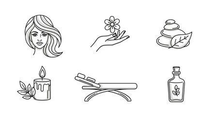 Collection of line art icons representing beauty and spa treatments, including a woman's face, a hand holding a flower, stacked stones with a leaf, a burning candle with leaves, a massage bed, and a