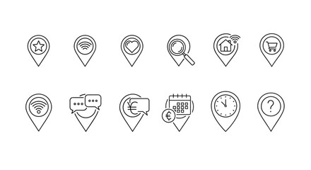 Collection of minimalistic linear map pin icons, featuring a star, Wi-Fi signal, heart, magnifying glass, house with Wi-Fi, shopping cart, chat bubbles, euro symbol, calendar with euro, clock, and