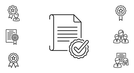 Line icon set representing quality assurance and business success: certified document with approval seal and checkmark, individual achievement award, team collaboration, and verified contract with