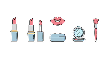 Set of minimalistic linear icons representing makeup essentials including lipsticks, lip gloss, compact powder, and a makeup brush, designed for web and graphic design applications, social networks