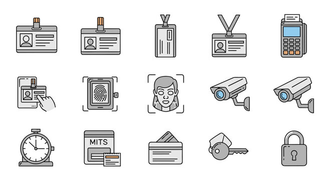 Collection of vector cartoon illustrations related to employee ID badges, featuring various access control elements like security cameras, fingerprint scanners, facial recognition, time clocks, keys