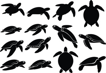 Silhouettes of sea turtles in swimming poses, marine life concept, cad drawing flat vector illustration, ocean animal anatomy reference art
