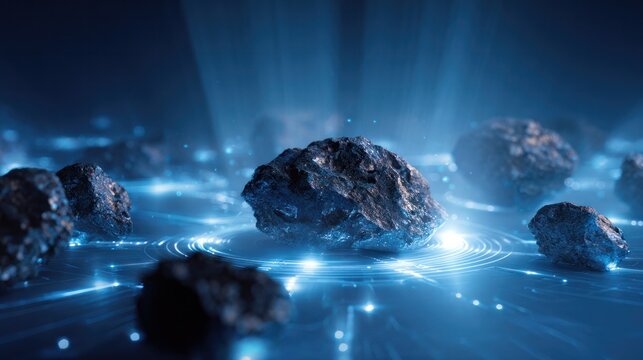 Digital Realm of Asteroids: A conceptual image showcases a scattering of rugged asteroids amidst an ethereal, luminous digital landscape, depicting data and interconnectedness. 