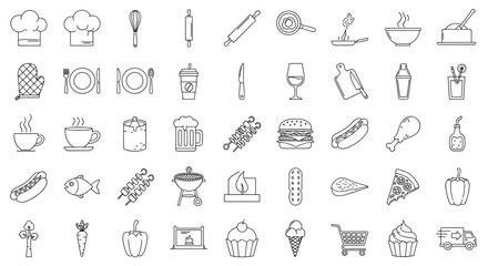 A comprehensive collection of 40 diverse line icons representing kitchenware, food items, and barbeque essentials, perfect for graphic and web design, app development, advertisements, and various