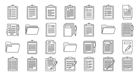 Collection of outline symbols representing documents, clipboards, and office supplies, rendered with thin lines, perfect for apps, websites, banners, infographics, and various design projects.