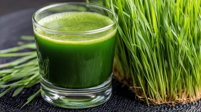 Wheatgrass juice.A refreshing glass of green juice made from fresh grass, rich in nutrients and perfect for health enthusiasts seeking a natural boost.