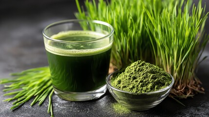 Wheatgrass juice.This vibrant image showcases a green health drink made from natural grass powder. Perfect for wellness promotions and healthy lifestyle content, highlighting nutritious choices.