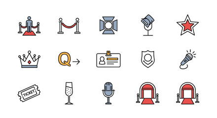 A collection of vibrant, flat-design vector icons representing VIP and exclusive event elements, including a red carpet with stanchions, a spotlight, a star, a crown, a ticket, a champagne flute, a