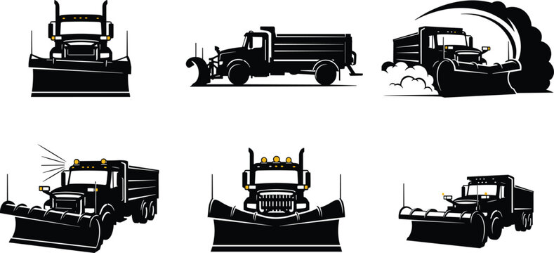 Snow plow truck vector set, stylized winter service vehicles in action for road safety, utility design, and seasonal illustration themes