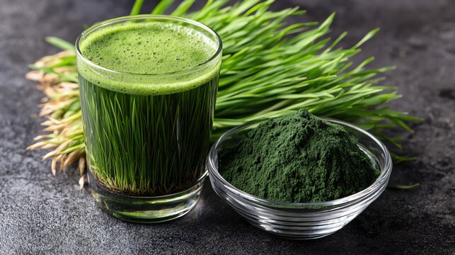 Wheatgrass juice.A vibrant green drink made from nutrient-rich wheatgrass, served in a glass alongside a bowl of green powder. Perfect for health enthusiasts seeking natural energy and vitality.