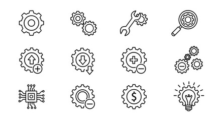 Bundle of Gear and Cogwheel Related Line Icons: A comprehensive collection of outline signs for graphic and web design, apps, adverts, and various cards, featuring a vector cartoon illustration of