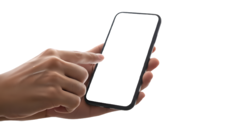 Close up of a hand holding and interacting with a blank screen smartphone against a black background