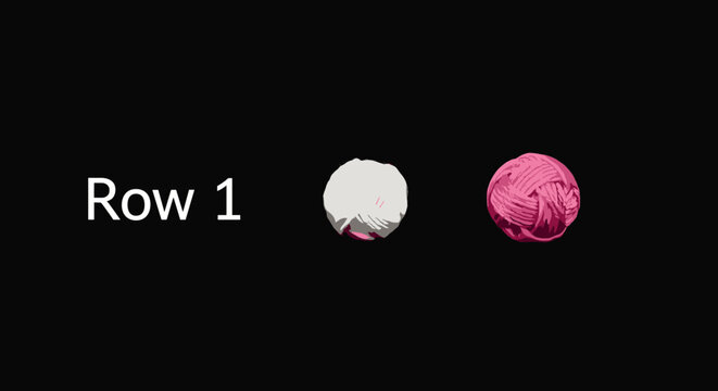 A close-up studio shot features two small, tightly wound balls of yarn, one white and one pink, against a stark black background, with the text "Row 1" visible to the left, suggesting a craft or DIY